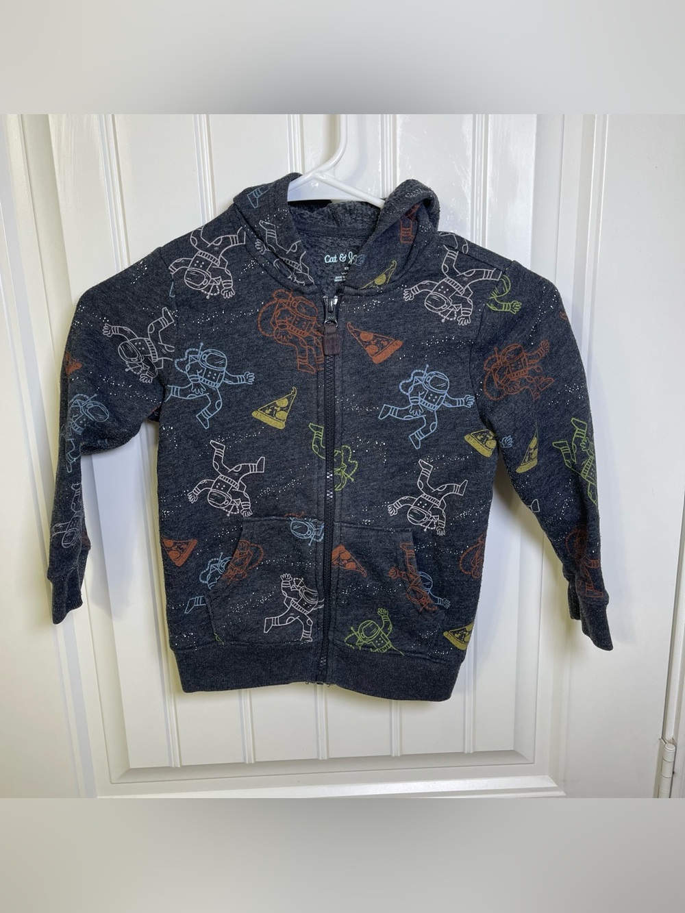 Cat & Jack Boys 5T Dark Gray Zip-Up Hoodie w/ Colorful Space Astronauts & Pizza